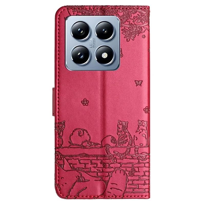 For Xiaomi 14T Pro Case with Wrist Strap Leather Phone Cover Wall Cats Pattern - Red
