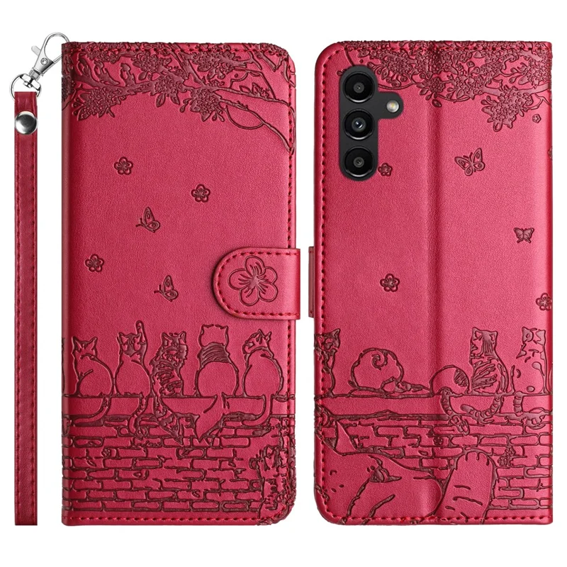 For Samsung Galaxy A16 5G / A16 4G Case with Wrist Strap Leather Phone Cover Wall Cats Pattern - Red