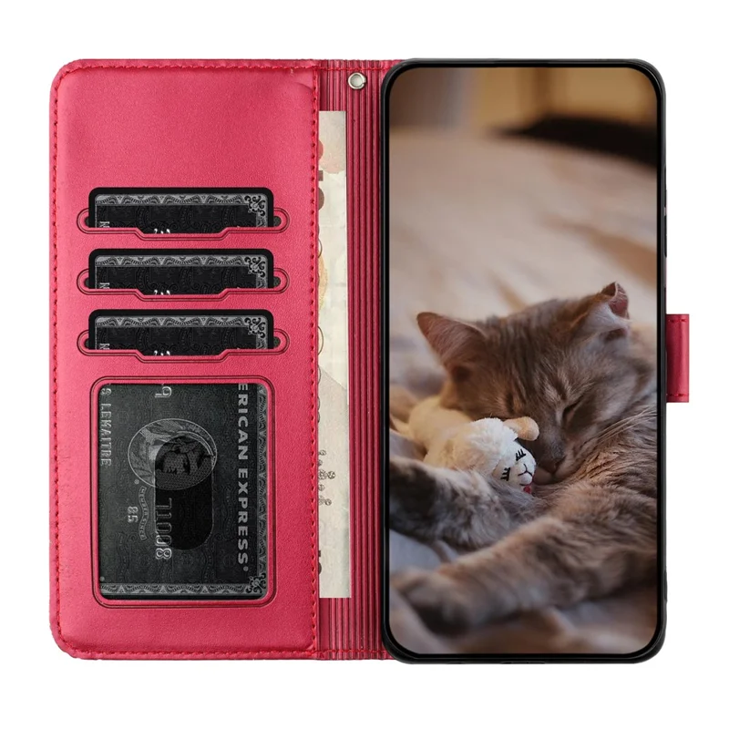 For Samsung Galaxy A16 5G / A16 4G Case with Wrist Strap Leather Phone Cover Wall Cats Pattern - Red