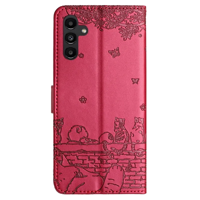 For Samsung Galaxy A16 5G / A16 4G Case with Wrist Strap Leather Phone Cover Wall Cats Pattern - Red