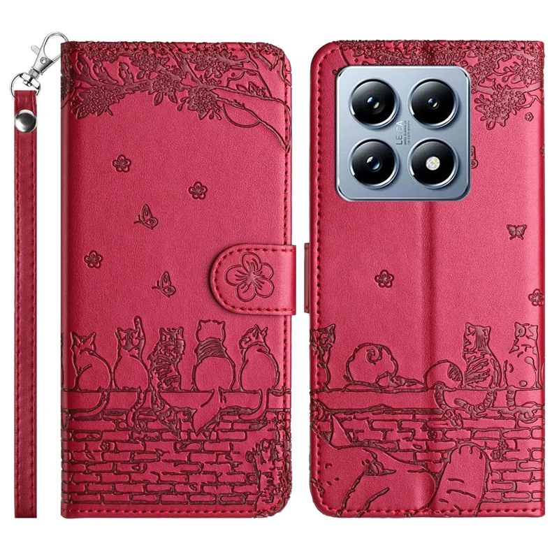 For Xiaomi 14T Case with Wrist Strap Leather Phone Cover Wall Cats Pattern - Red