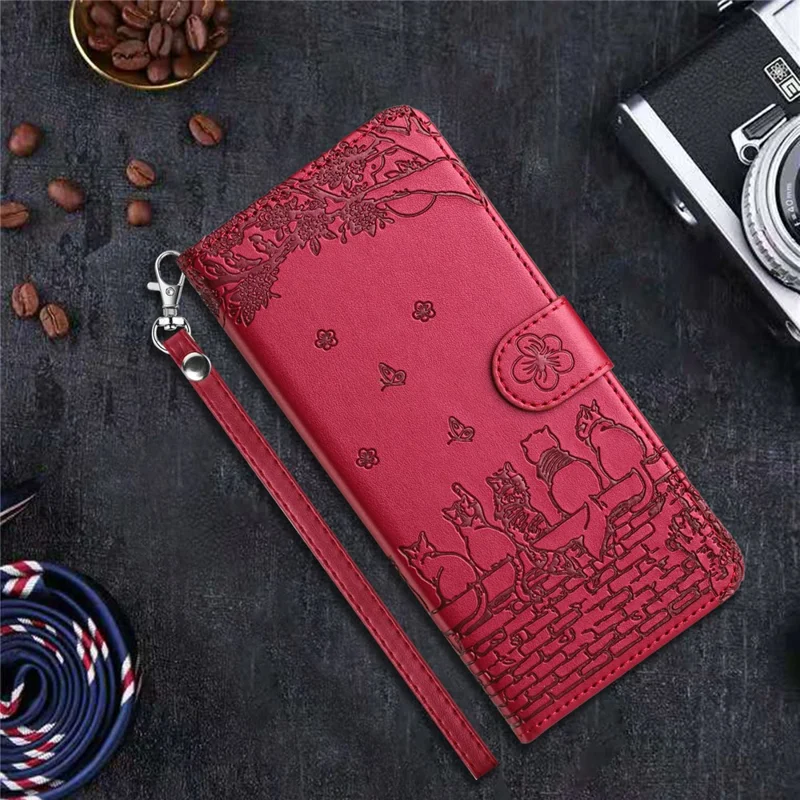 For Xiaomi 14T Case with Wrist Strap Leather Phone Cover Wall Cats Pattern - Red