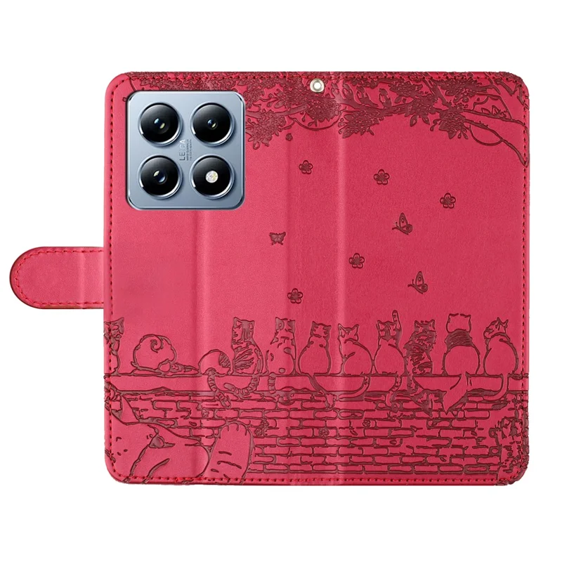 For Xiaomi 14T Case with Wrist Strap Leather Phone Cover Wall Cats Pattern - Red