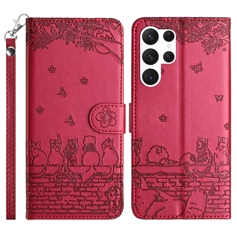 Voor Samsung Galaxy S25 Ultra hoesje met polsbandje lederen telefoonhoes met muiskattenpatroon - Rood