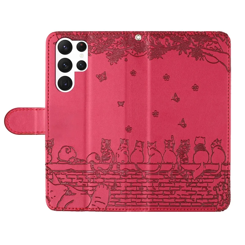 Voor Samsung Galaxy S25 Ultra hoesje met polsbandje lederen telefoonhoes met muiskattenpatroon - Rood