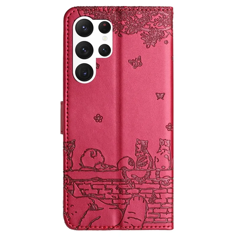 Voor Samsung Galaxy S25 Ultra hoesje met polsbandje lederen telefoonhoes met muiskattenpatroon - Rood