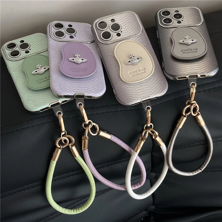 Для Iphone 16 Pro Case Snakeskin Texture PC+PU Kickstand Protective Cover с Lanyard - Черный