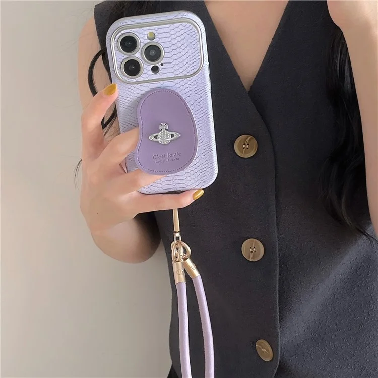 Для Iphone 16 Pro Case Snakeskin Texture PC+PU Kickstand Protective Cover с Lanyard - Черный