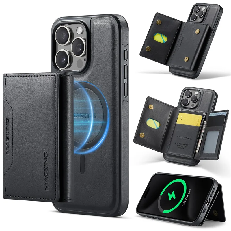 MAGKING K2 Series For iPhone 15 Pro Max Case Compatible with MagSafe PC+TPU+PU Leather RFID Blocking Phone Cover with Wallet - Black