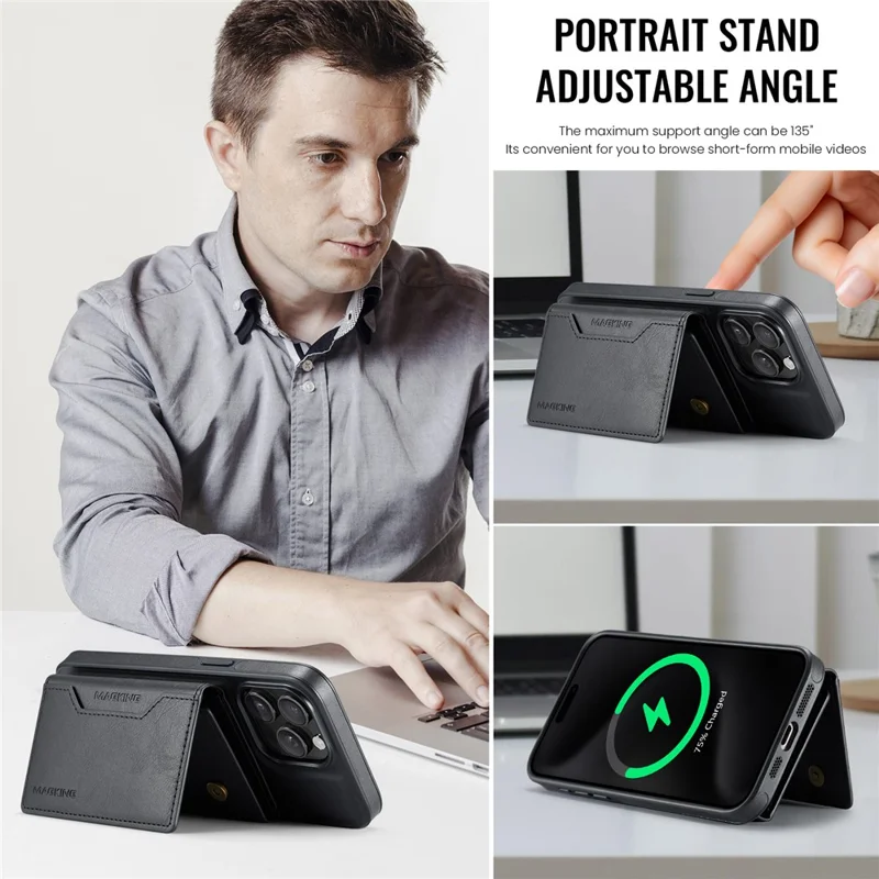 MAGKING K2 Series For iPhone 15 Pro Max Case Compatible with MagSafe PC+TPU+PU Leather RFID Blocking Phone Cover with Wallet - Black