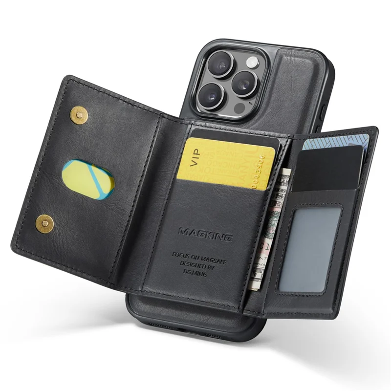 MAGKING K2 Series For iPhone 15 Pro Max Case Compatible with MagSafe PC+TPU+PU Leather RFID Blocking Phone Cover with Wallet - Black