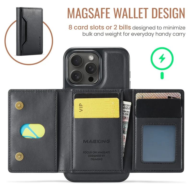 MAGKING K2 Series For iPhone 15 Pro Max Case Compatible with MagSafe PC+TPU+PU Leather RFID Blocking Phone Cover with Wallet - Black