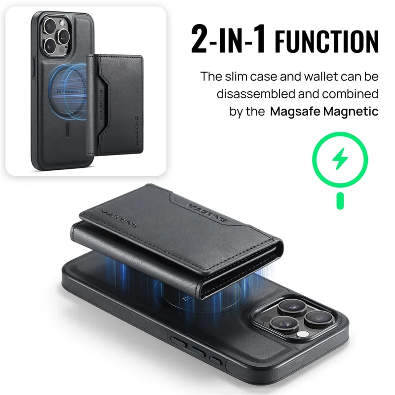 MAGKING K2 Series For iPhone 15 Pro Max Case Compatible with MagSafe PC+TPU+PU Leather RFID Blocking Phone Cover with Wallet - Black