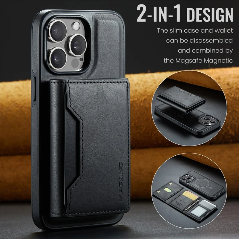 MAGKING K2 Series For iPhone 15 Pro Max Case Compatible with MagSafe PC+TPU+PU Leather RFID Blocking Phone Cover with Wallet - Black