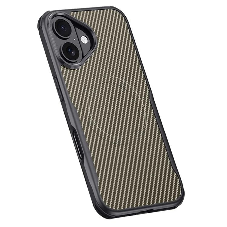 For iPhone 16 Case Compatible with MagSafe Carbon Fiber Texture Leather Coated PC+Silicone Protective Cover - Desert Gold
