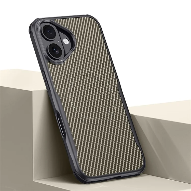 For iPhone 16 Case Compatible with MagSafe Carbon Fiber Texture Leather Coated PC+Silicone Protective Cover - Desert Gold
