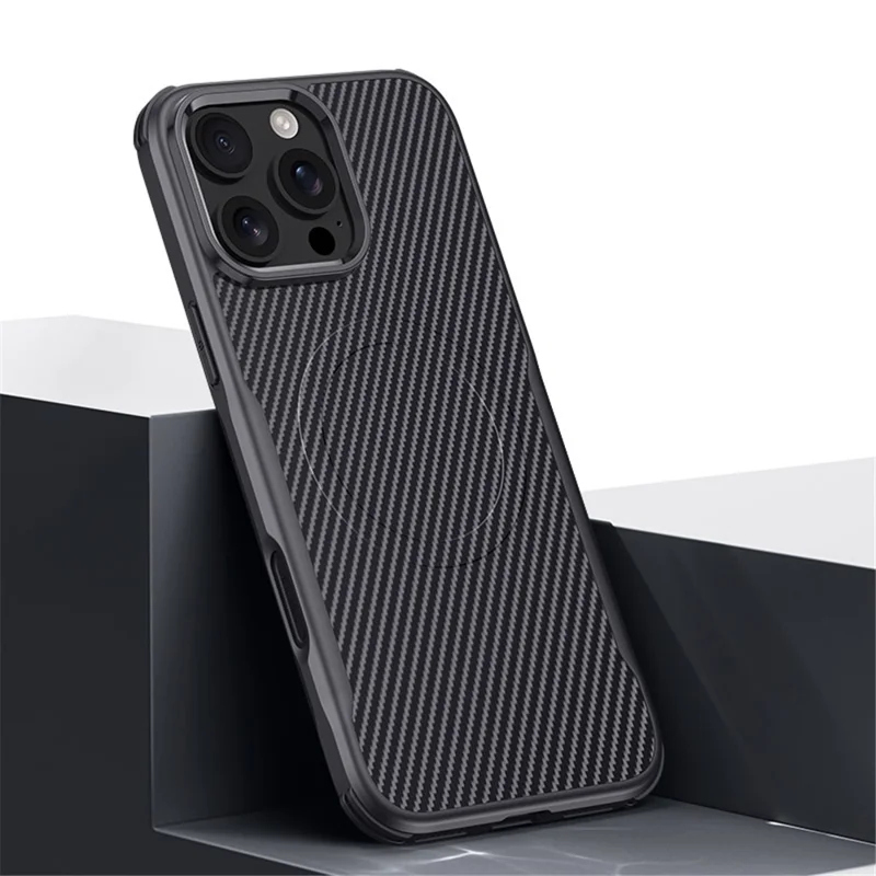 Para Iphone 16 Pro Max Case Compatível Com Magsafe de Textura de Fibra de Carbono Magsafe Couro Revestido de Couro+tampa de Proteção de Silicone - Preto