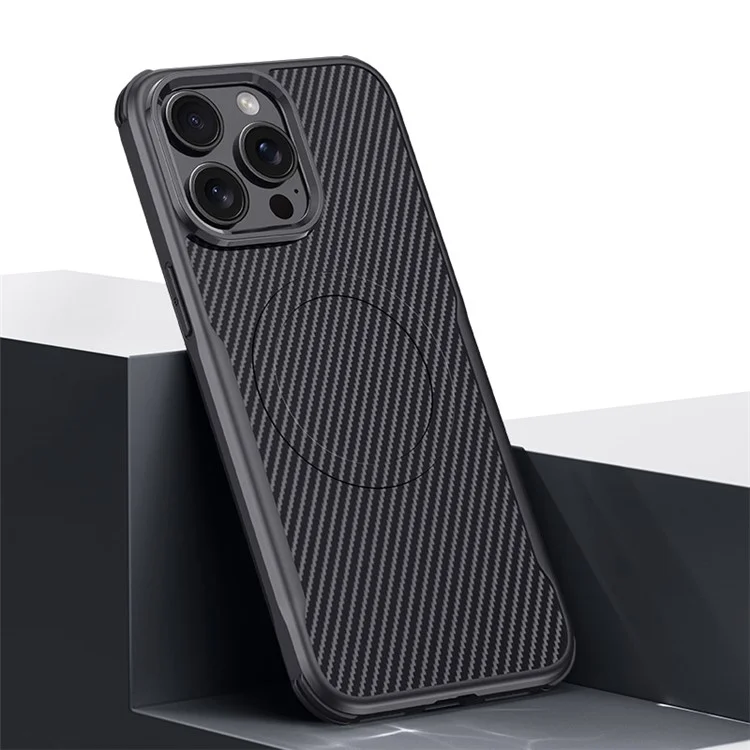 Per Iphone 15 Pro Max Case Compatibile Con pc in Pelle in Pelle in Fibra di Carbonio MagSafe Pc+copertura Protettiva in Silicone - Nero