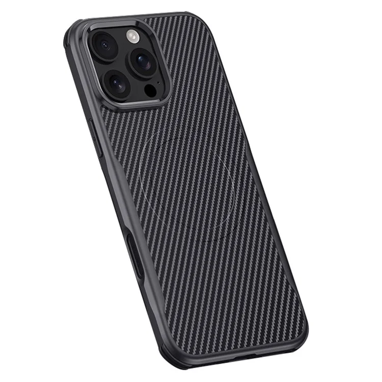 Pour L'iphone 16 Pro Case Compatible Avec Magsafe en Fibre de Carbone Texture en Cuir Enduit pc + Couverture de Protection en Silicone - Noir
