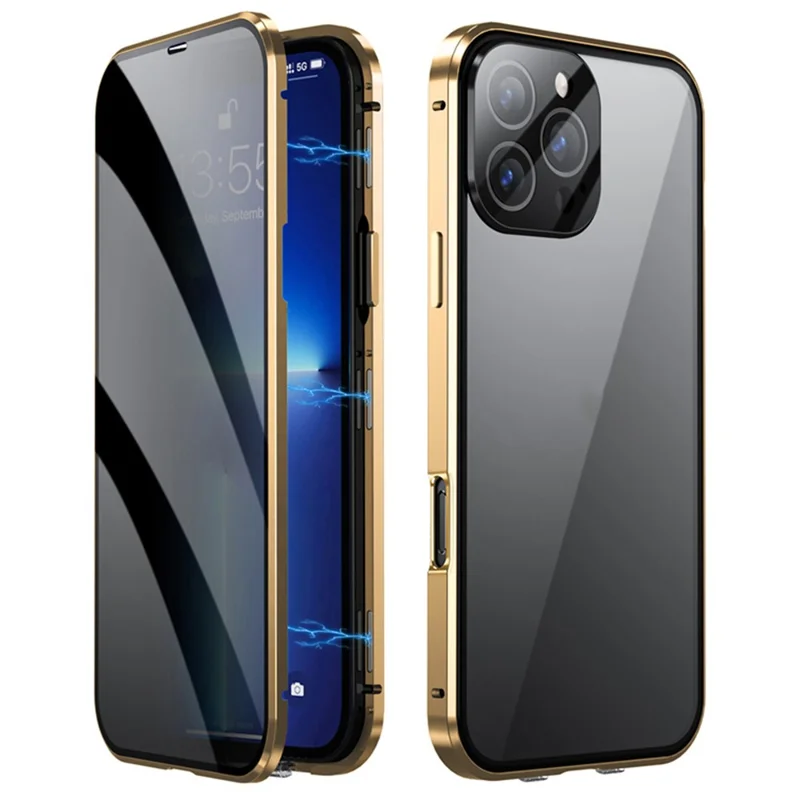 For iPhone 16 Pro Max Case Anti-Spy Double-Sided Tempered Glass+Magnetic Metal Frame Phone Cover - Gold