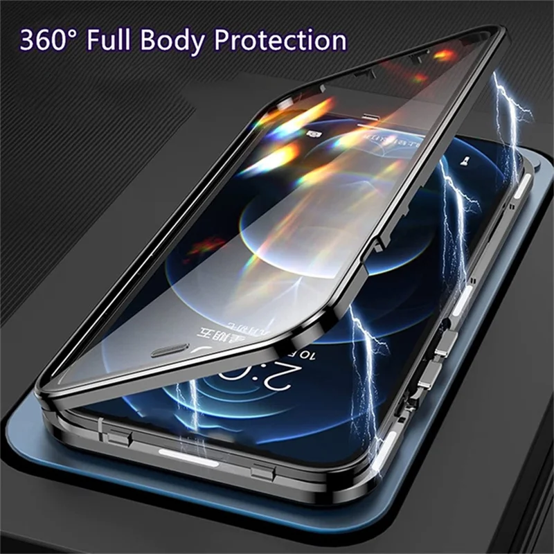 For iPhone 16 Pro Max Case Anti-Spy Double-Sided Tempered Glass+Magnetic Metal Frame Phone Cover - Gold