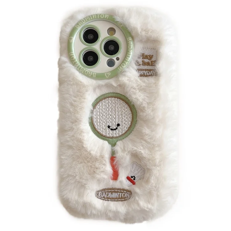 For iPhone 16 Pro Max Case Cute Racket Pattern Furry TPU Warm Phone Cover - Badminton Racket