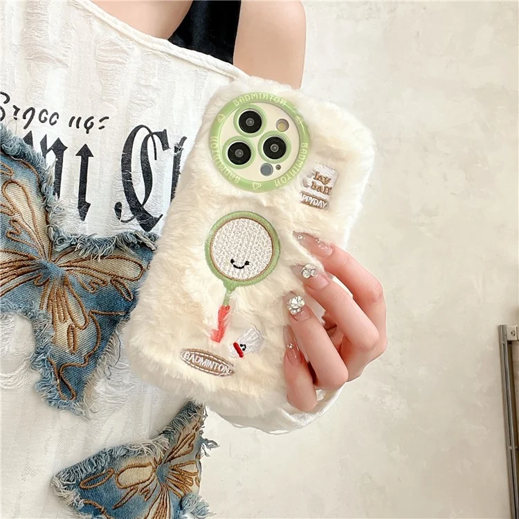 For iPhone 16 Pro Max Case Cute Racket Pattern Furry TPU Warm Phone Cover - Badminton Racket
