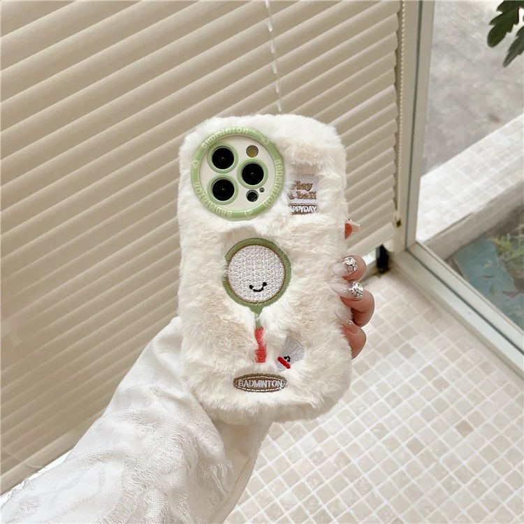 For iPhone 16 Pro Max Case Cute Racket Pattern Furry TPU Warm Phone Cover - Badminton Racket