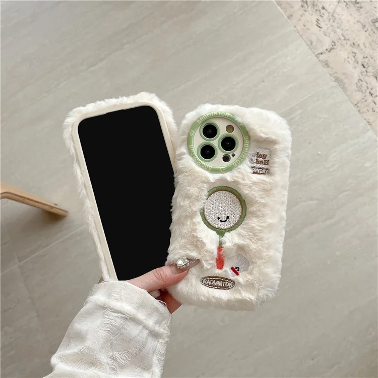 For iPhone 16 Pro Max Case Cute Racket Pattern Furry TPU Warm Phone Cover - Badminton Racket