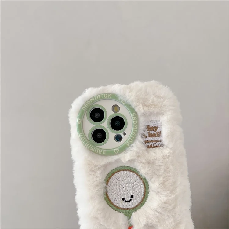 For iPhone 16 Pro Max Case Cute Racket Pattern Furry TPU Warm Phone Cover - Badminton Racket
