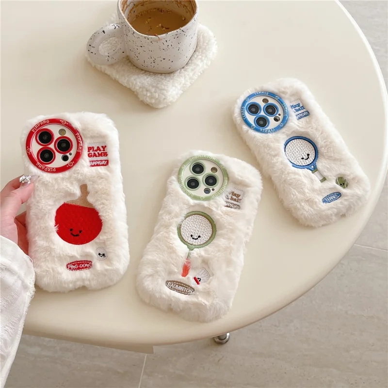 For iPhone 16 Pro Max Case Cute Racket Pattern Furry TPU Warm Phone Cover - Ping-pong Racket