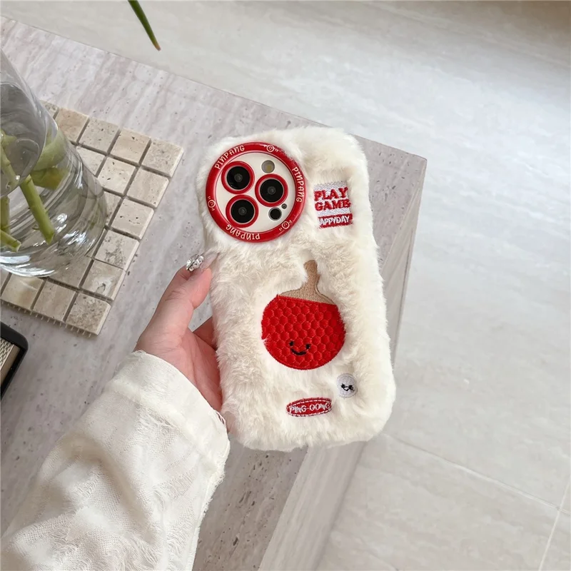 For iPhone 16 Pro Max Case Cute Racket Pattern Furry TPU Warm Phone Cover - Ping-pong Racket