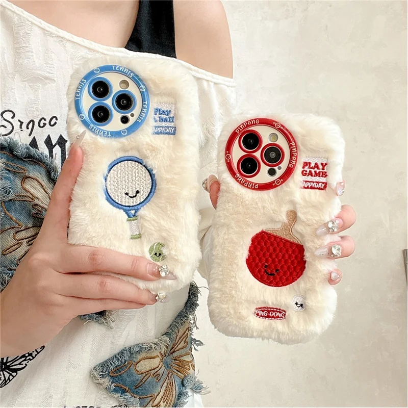 For iPhone 16 Pro Max Case Cute Racket Pattern Furry TPU Warm Phone Cover - Ping-pong Racket