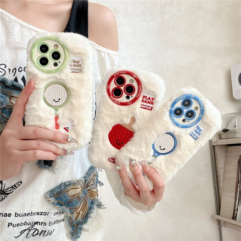 For iPhone 16 Pro Max Case Cute Racket Pattern Furry TPU Warm Phone Cover - Ping-pong Racket
