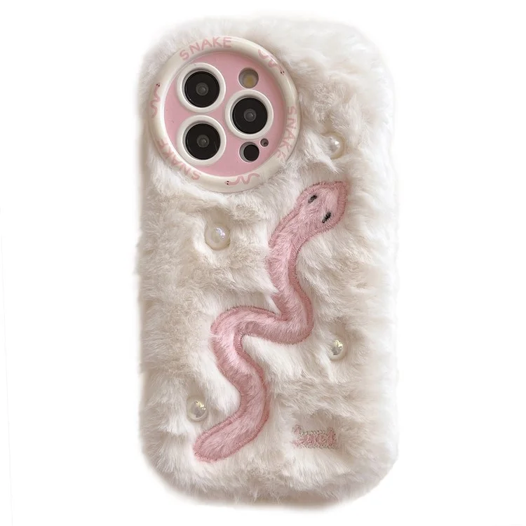 Para Iphone 16 Pro Case Snake Design Pearl Accents Furry TPU Tall Phone Cover - Blanco