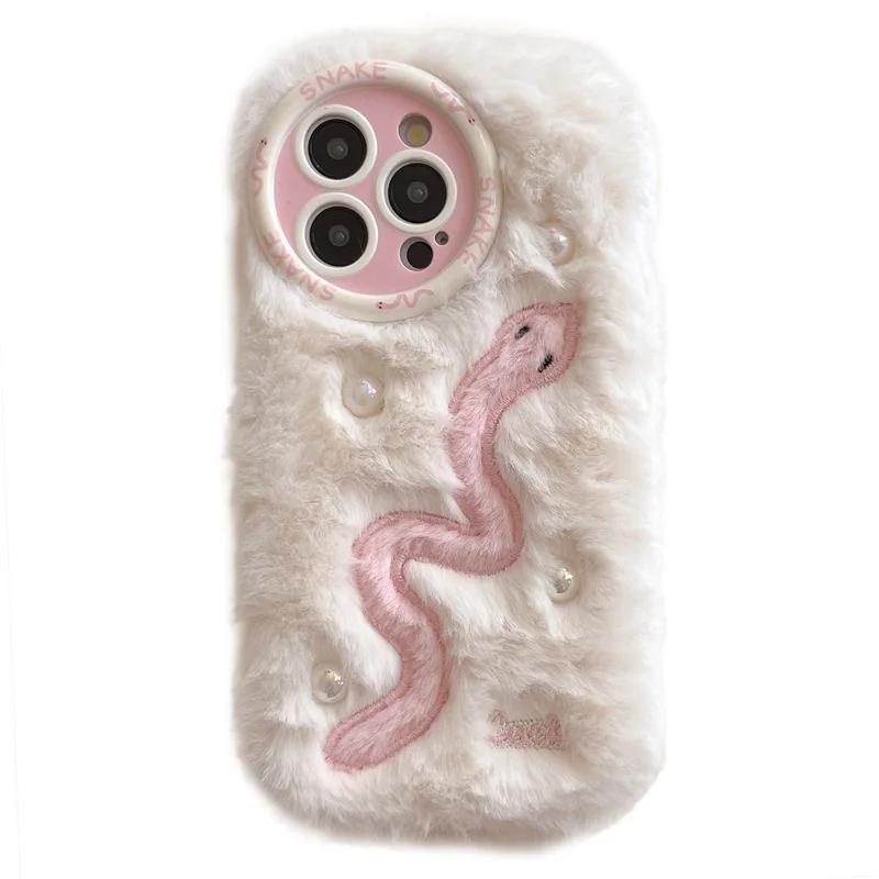 Para Iphone 16 Pro Max Case Snake Design Pearl Accents Furry TPU Tall Phone Cover - Blanco