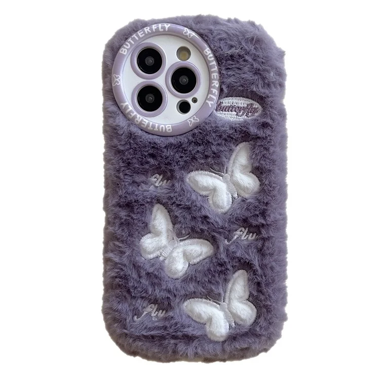For iPhone 16 Pro Max Case Butterfly Design Warm Plush TPU Phone Cover - Purple