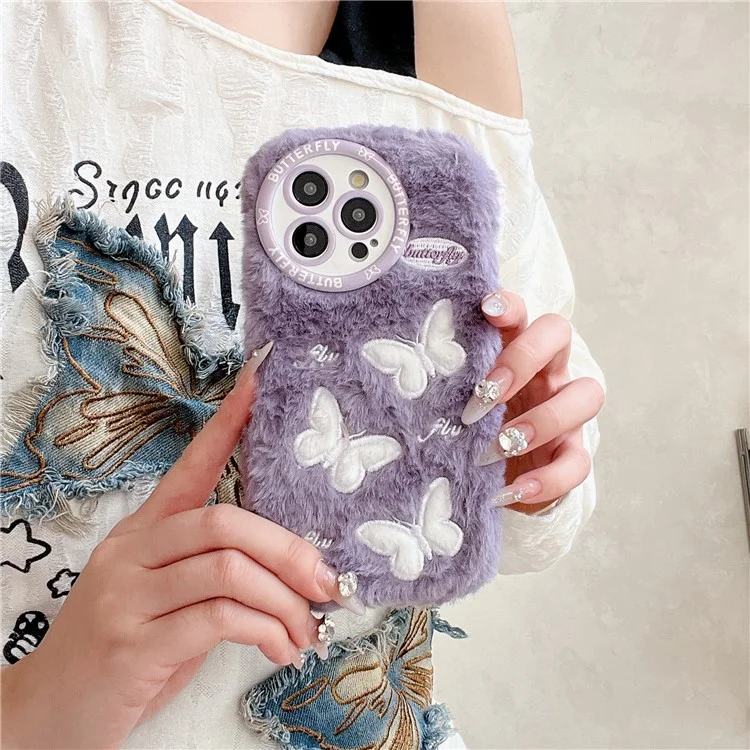 For iPhone 16 Pro Max Case Butterfly Design Warm Plush TPU Phone Cover - Purple