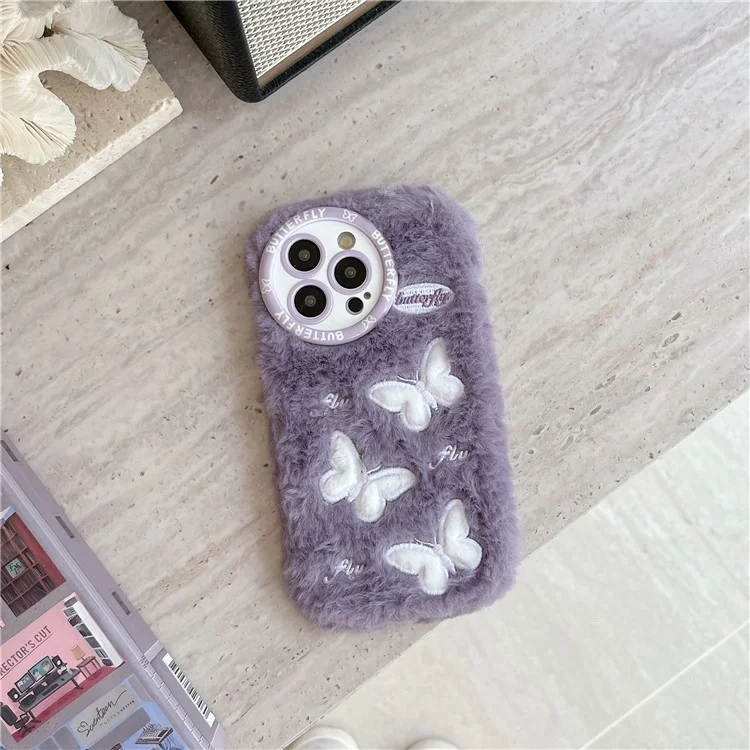 For iPhone 16 Pro Max Case Butterfly Design Warm Plush TPU Phone Cover - Purple