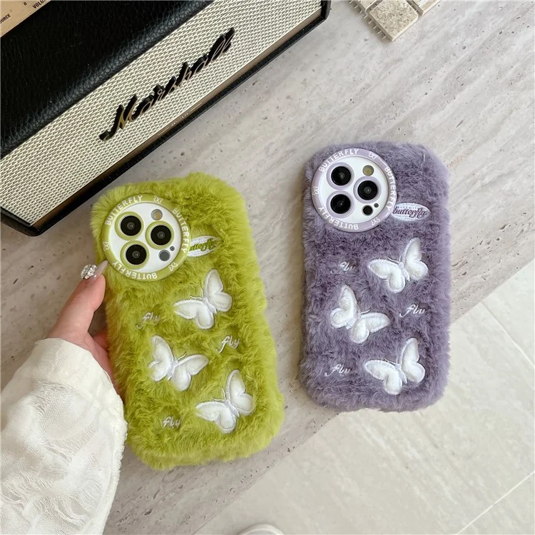 For iPhone 16 Pro Max Case Butterfly Design Warm Plush TPU Phone Cover - Purple