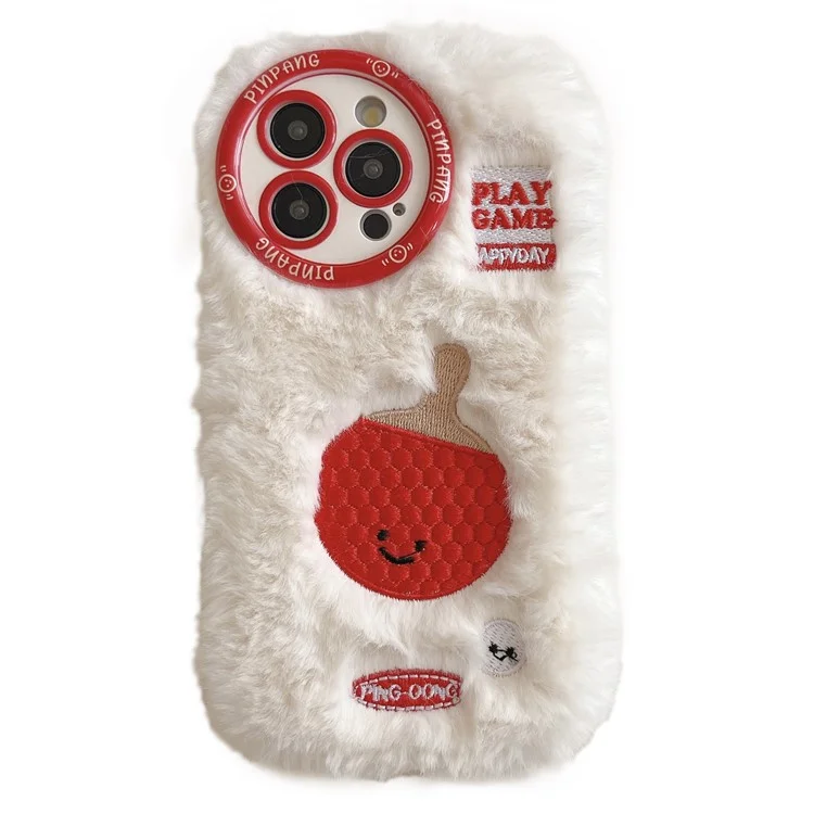 For iPhone 16 Pro Case Cute Racket Pattern Furry TPU Warm Phone Cover - Ping-pong Racket