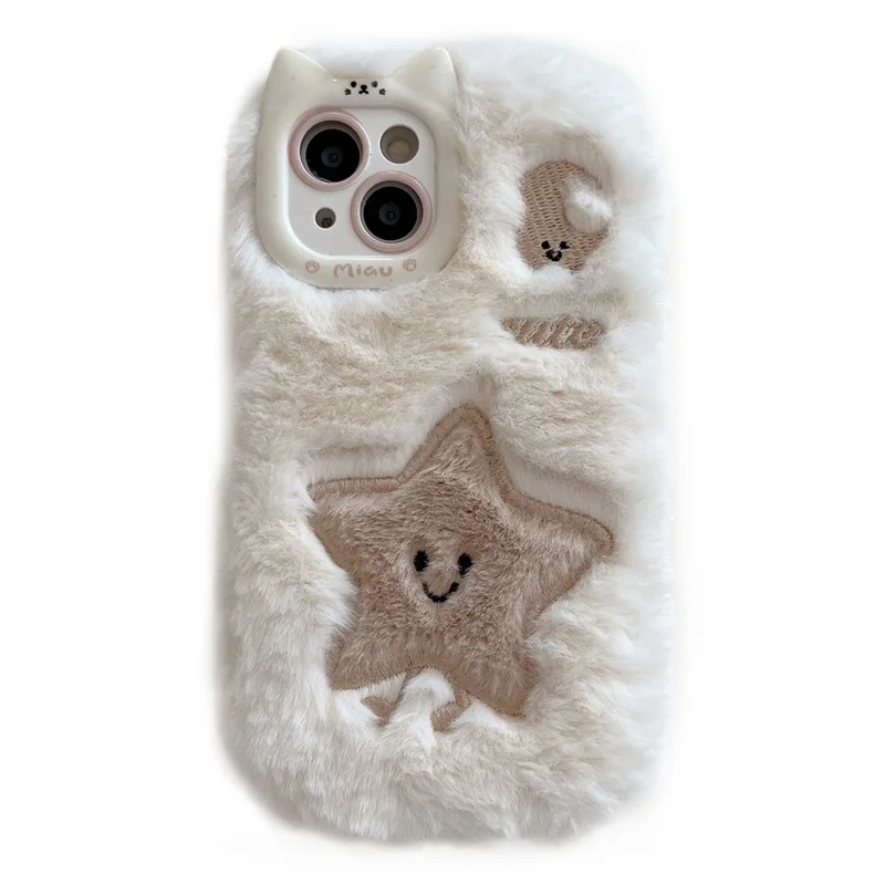 Per Iphone 15 Case Ricamato a Stella Ricamato Moon Warm Plush TPU Cover - Bianco