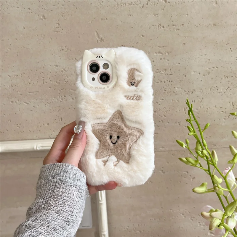 Per Iphone 15 Case Ricamato a Stella Ricamato Moon Warm Plush TPU Cover - Bianco