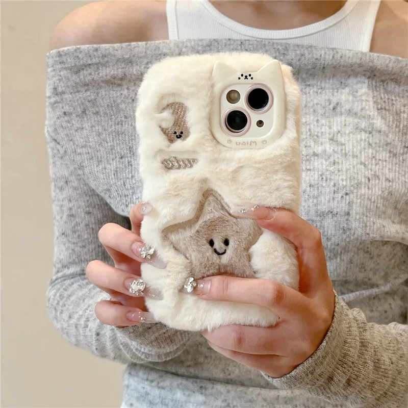 Per Iphone 15 Case Ricamato a Stella Ricamato Moon Warm Plush TPU Cover - Bianco