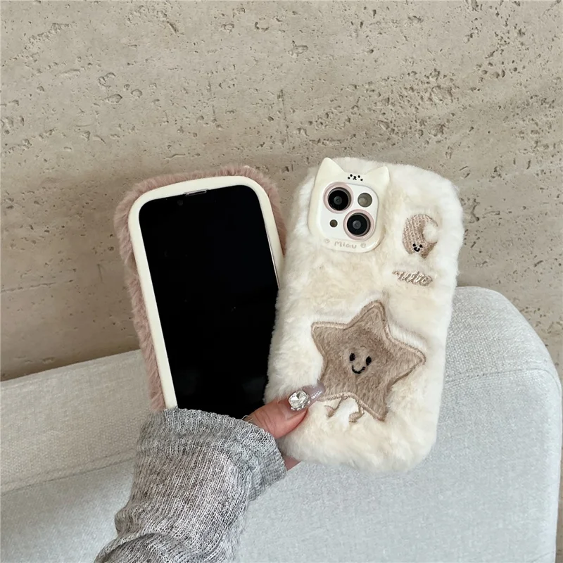 Per Iphone 15 Case Ricamato a Stella Ricamato Moon Warm Plush TPU Cover - Bianco