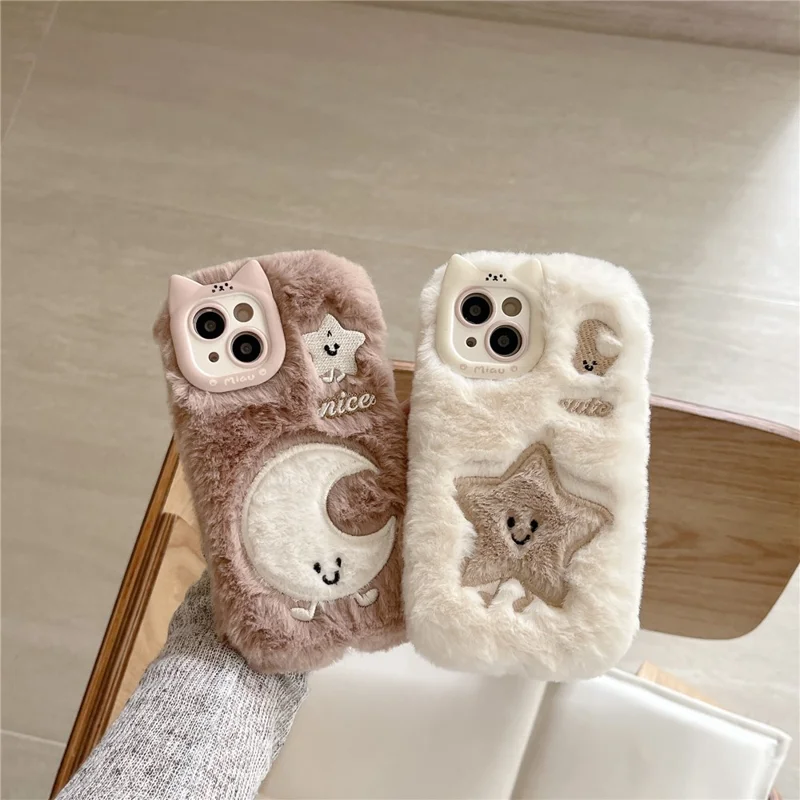 Per Iphone 15 Case Ricamato a Stella Ricamato Moon Warm Plush TPU Cover - Bianco