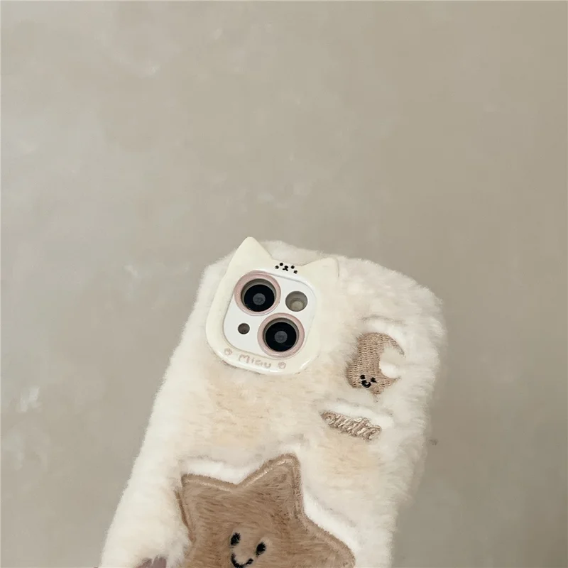 Per Iphone 15 Case Ricamato a Stella Ricamato Moon Warm Plush TPU Cover - Bianco