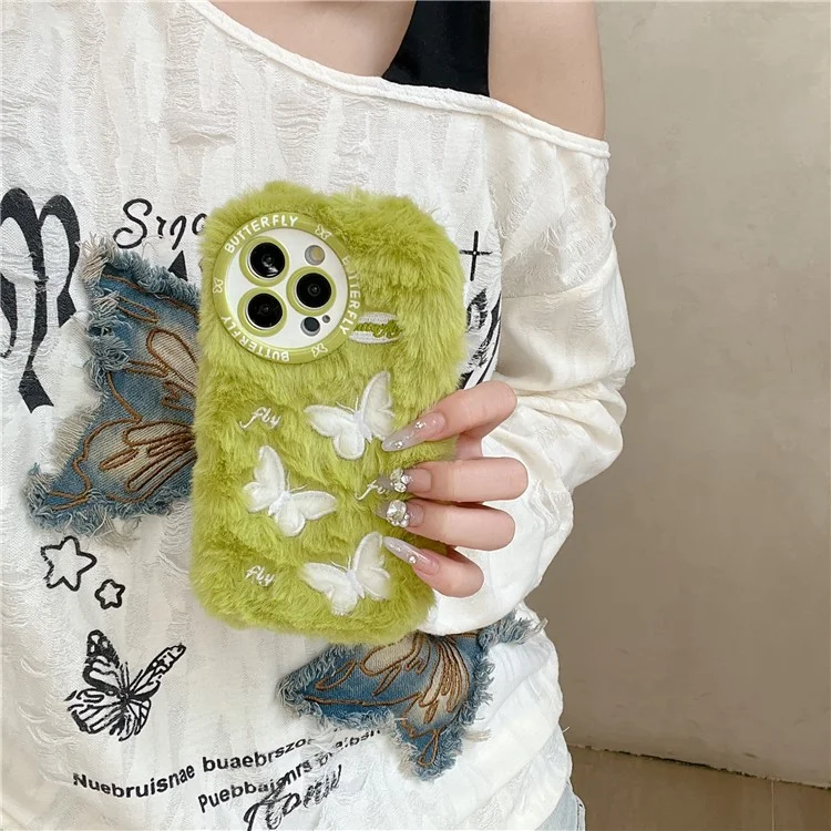 Para Iphone 16 Pro Case Butterfly Design Cover Warm Plush TPU Telephip Cover - Verde