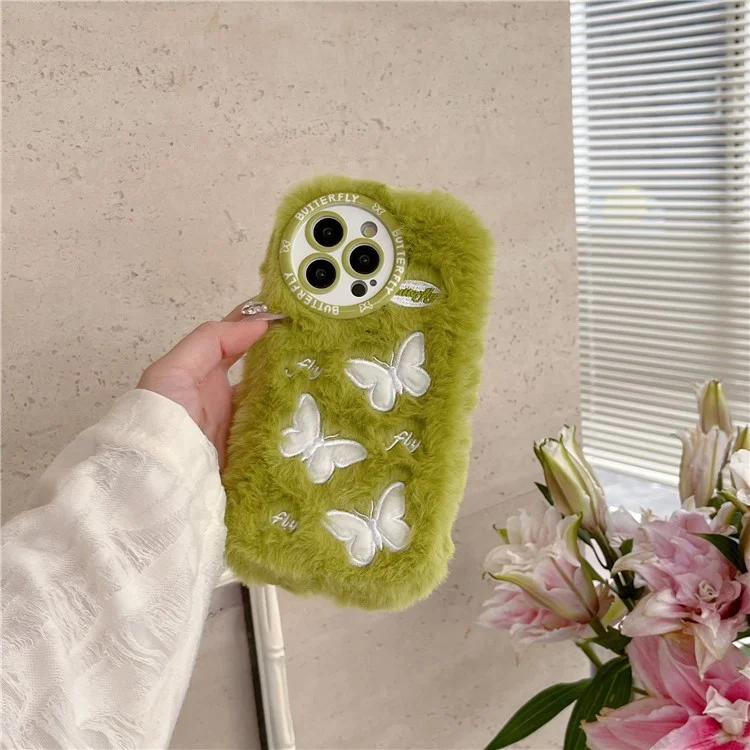 Para Iphone 16 Pro Case Butterfly Design Cover Warm Plush TPU Telephip Cover - Verde