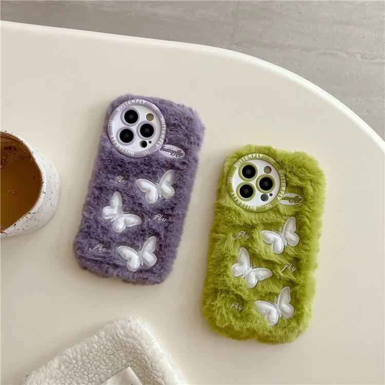 Para Iphone 16 Pro Case Butterfly Design Cover Warm Plush TPU Telephip Cover - Verde